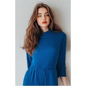 60s Vicky Vaughn Knit Dress Size Small Blue Belt Long Sleeve Back Zipper VGUC